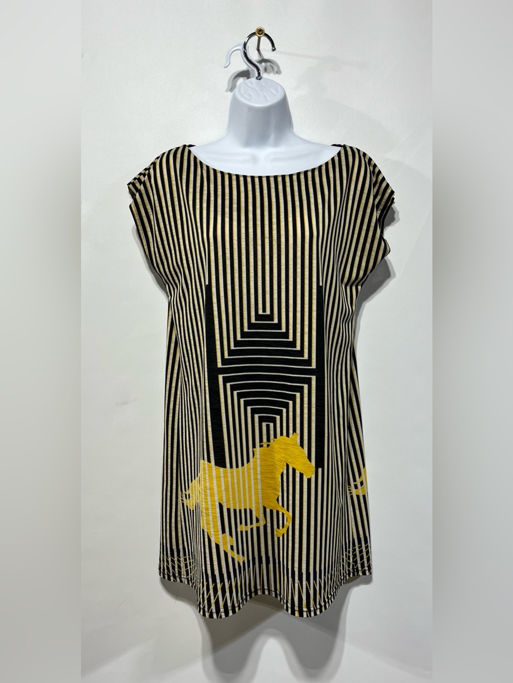 Orion London Black, White & Yellow Striped Mini Dress with Horse Motif Size M